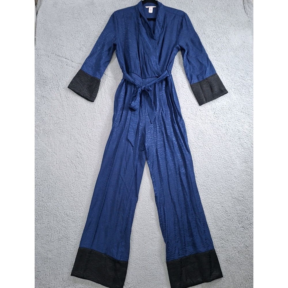 Victoria's Secret Zebra Print Jumpsuit Navy Blue Satin Jacquard XS Wide Leg